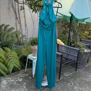 Bebe Teal Jumpsuit With Halter Neck Tie Back